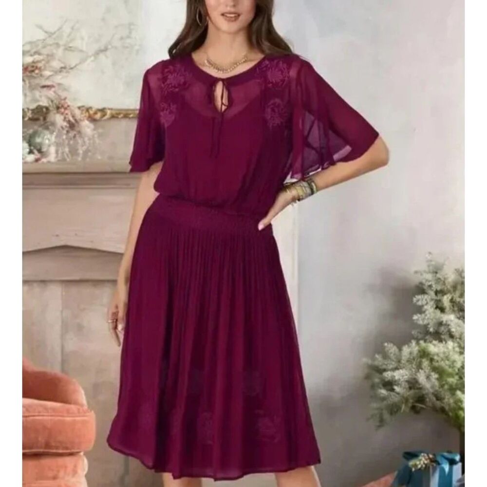 SUNDANCE Maroon Gauze Embroidered Sheer Cap Sleeve Mini Dress Size XL